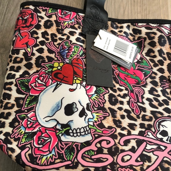 Ed Hardy Wilma Print Leopard, Roses & Skull Print Tote With Chain Accent NWT - Picture 6 of 13
